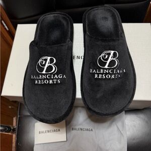 Balenciaga Black Resort Embroidered Towel Velvet Slippers Size 40